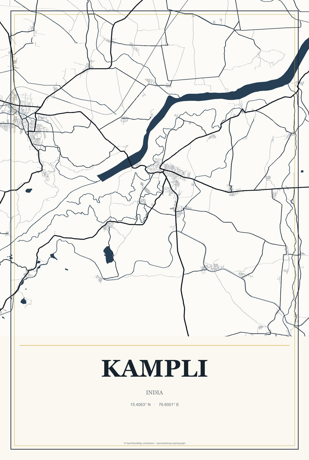 Kampli, India City Map Aluminum Sign in Citrine Modern style