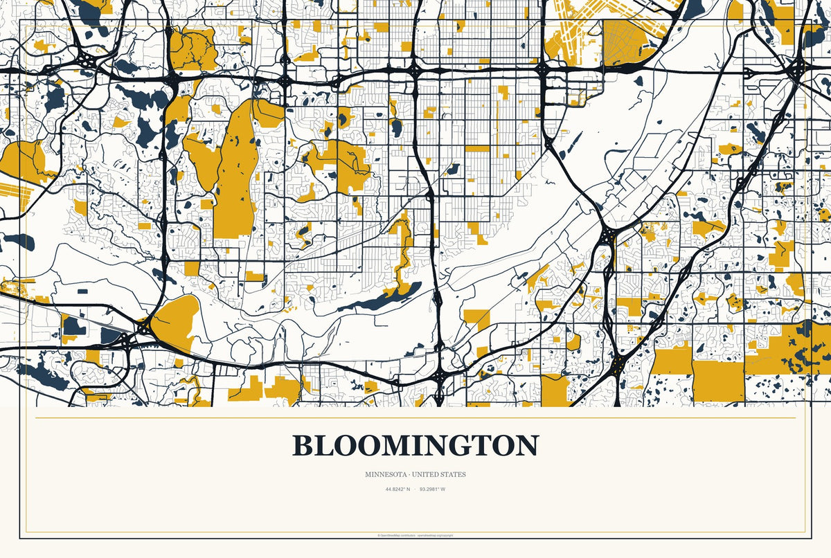 Bloomington, Minnesota City Map Aluminum Sign in Citrine Modern style