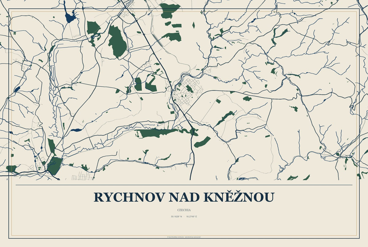 Rychnov nad Kněžnou, Czechia City Map Aluminum Sign in Coastal Cutout style