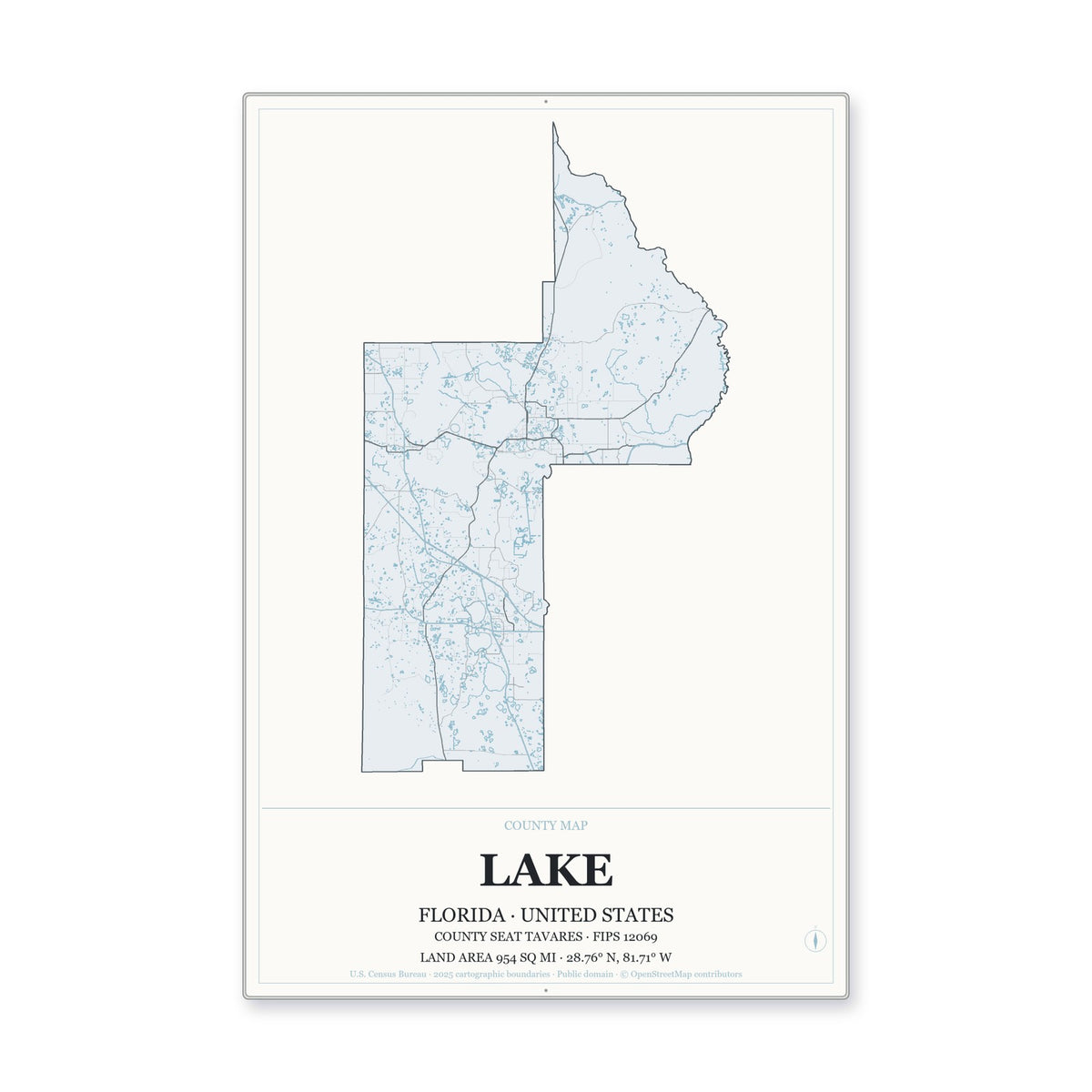 Lake County, Florida Map Aluminum Sign in Gallery Air style