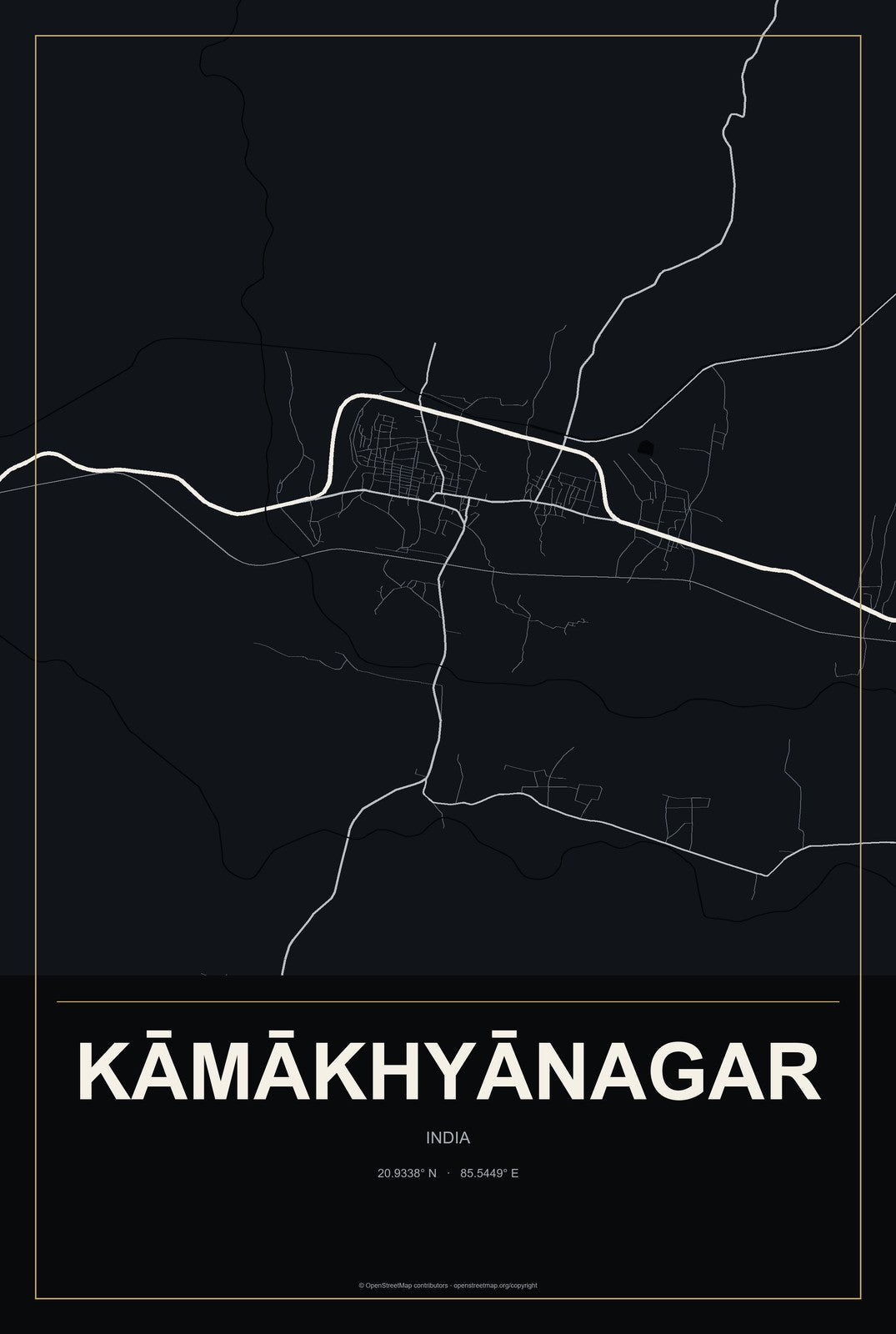 Kāmākhyānagar, India City Map Aluminum Sign in Metropolitan Noir style