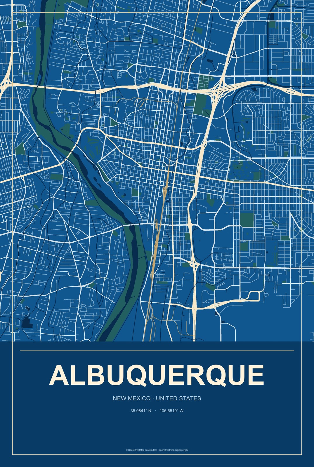 Albuquerque, New Mexico City Map Aluminum Sign in Harbor Cobalt style