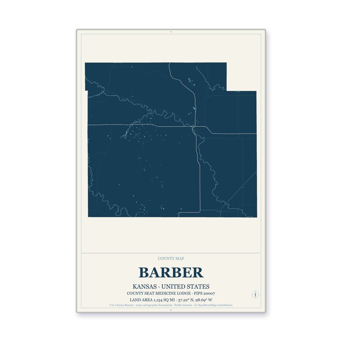 Barber County, Kansas Map Aluminum Sign in Coastal Cutout style