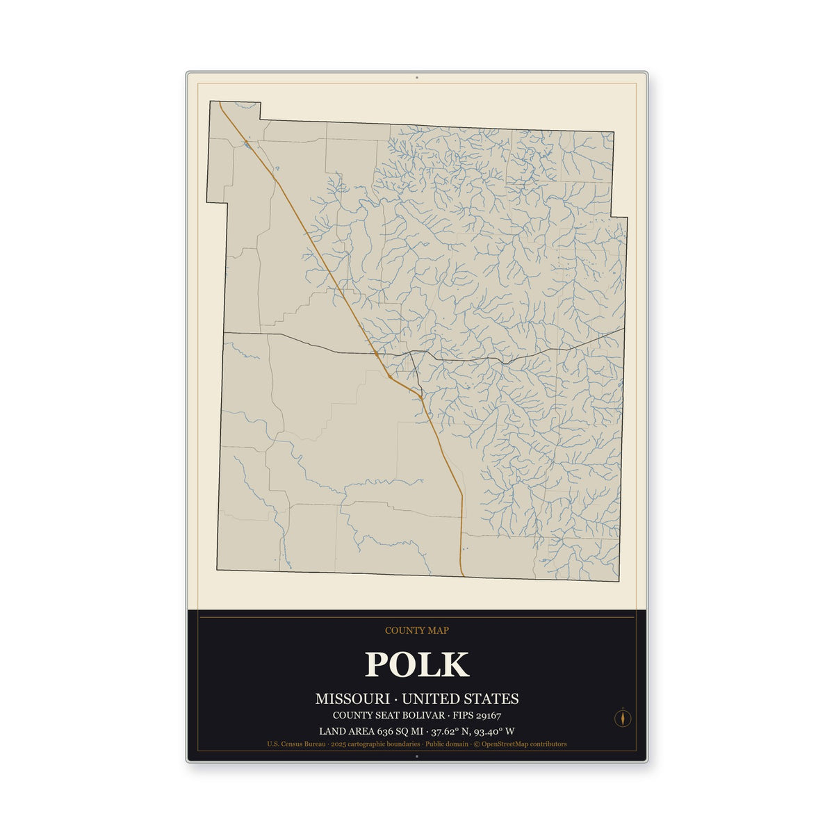 Polk County, Missouri Map Aluminum Sign in Museum Plaque style