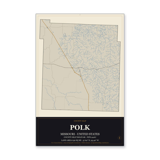 Polk County, Missouri Map Aluminum Sign in Museum Plaque style