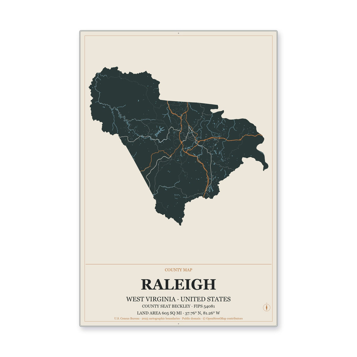 Raleigh County, West Virginia Map Aluminum Sign in Headline Atlas style
