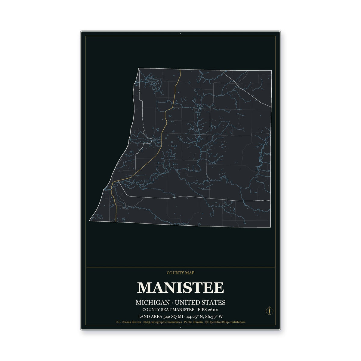 Manistee County, Michigan Map Aluminum Sign in Metropolitan Noir style