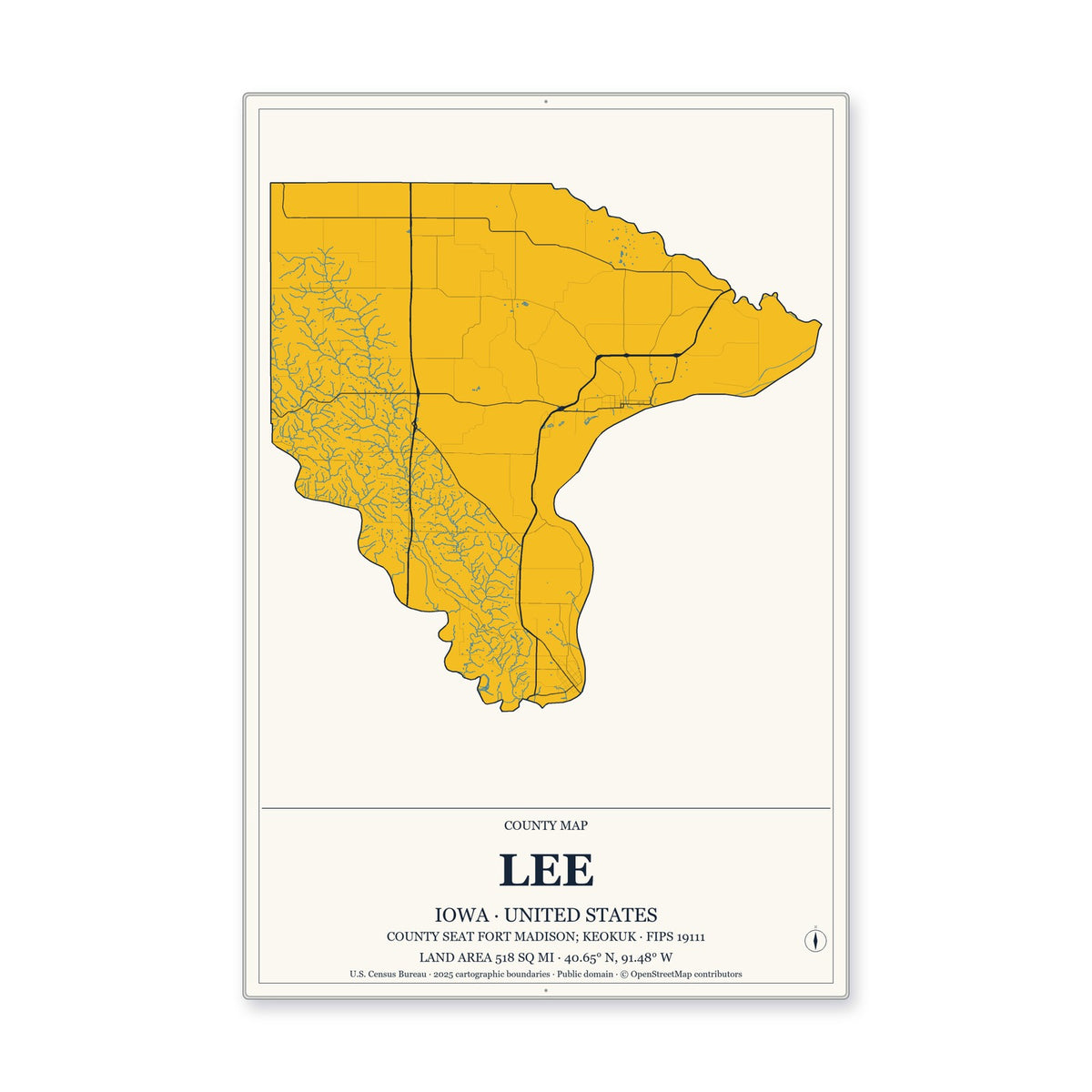 Lee County, Iowa Map Aluminum Sign in Citrine Modern style