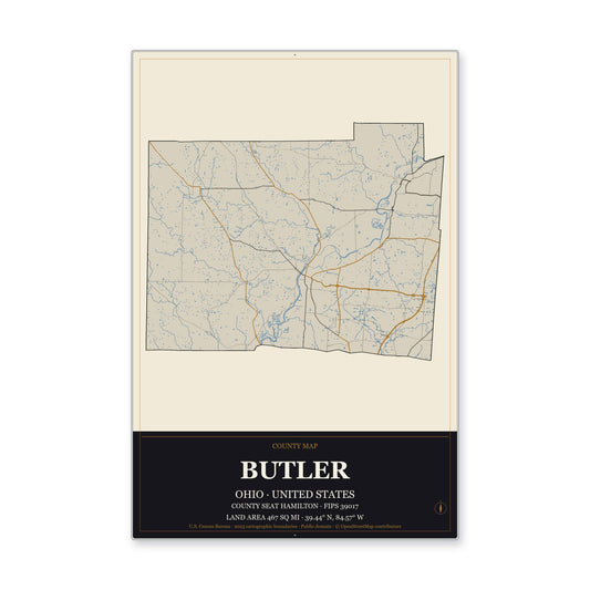 Butler County, Ohio Map Aluminum Sign in Museum Plaque style