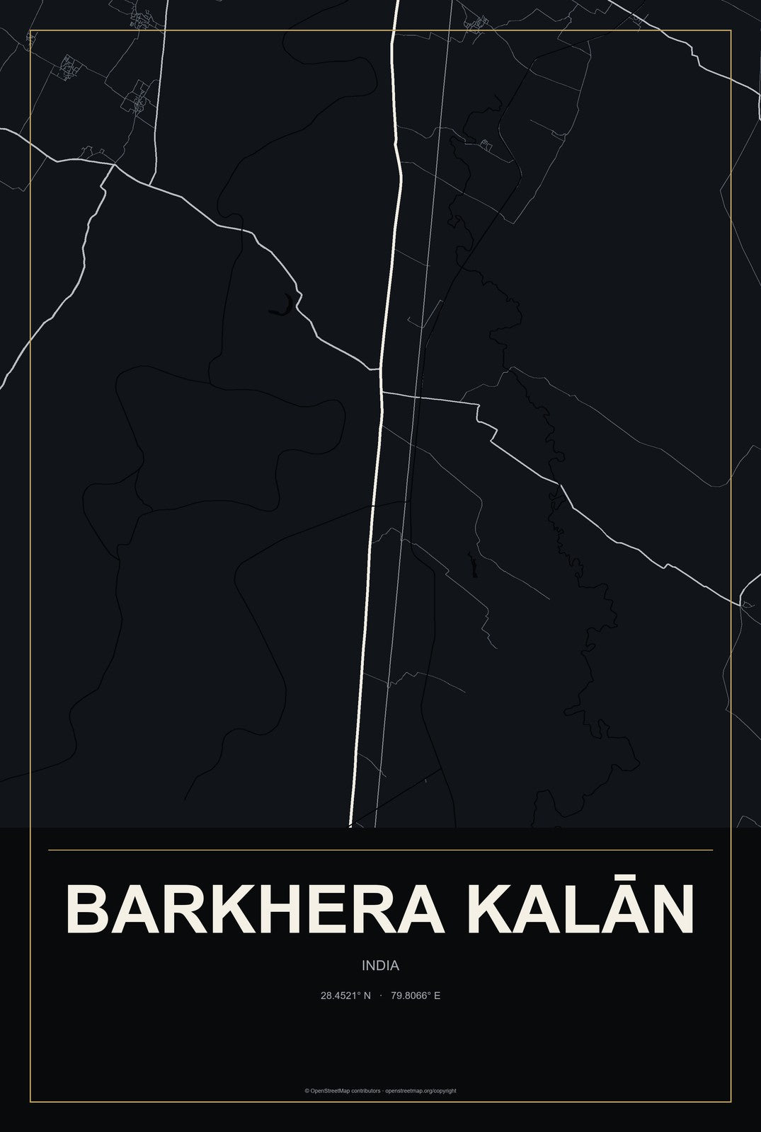 Barkhera Kalān, India City Map Aluminum Sign in Metropolitan Noir style