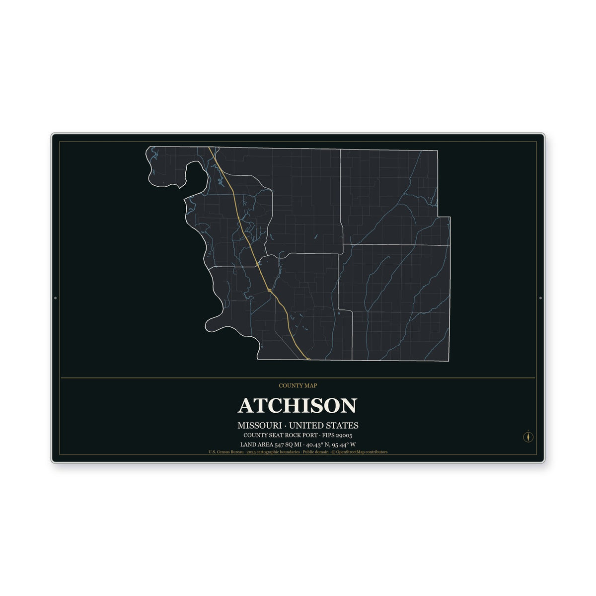 Atchison County, Missouri Map Aluminum Sign in Metropolitan Noir style