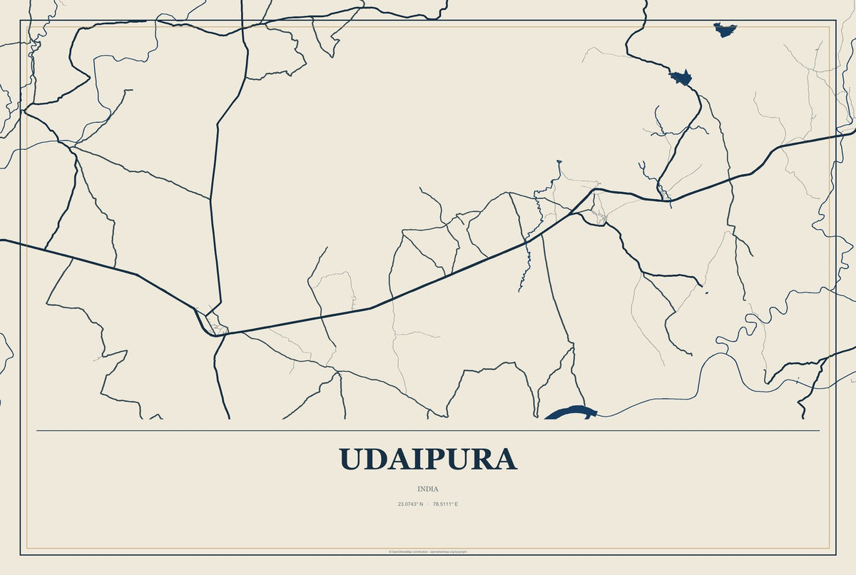Udaipura, India City Map Aluminum Sign in Coastal Cutout style