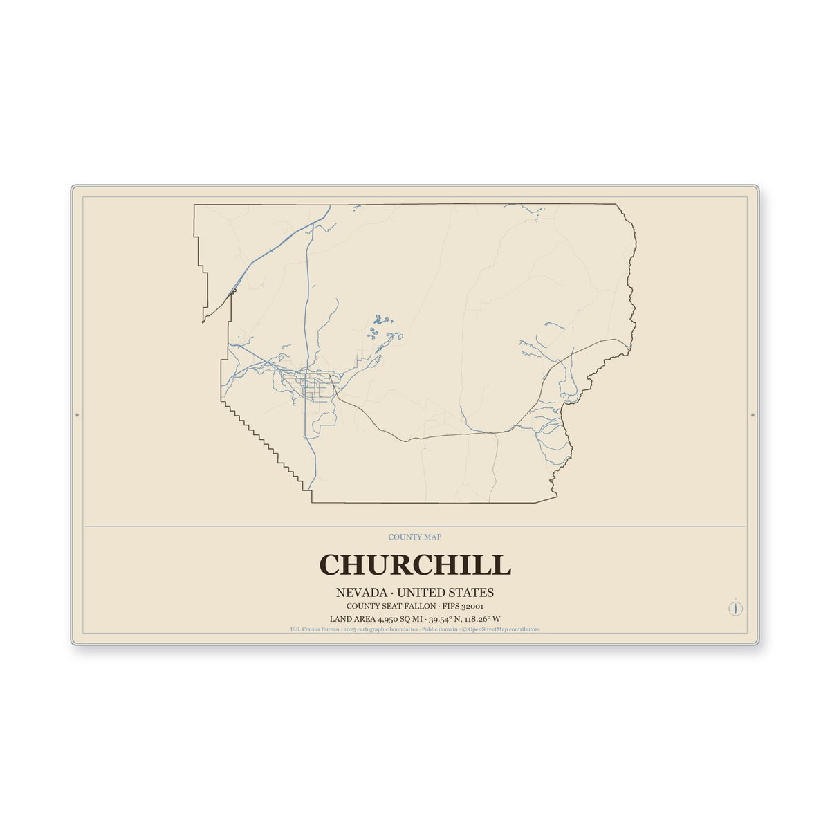 Churchill County, Nevada Map Aluminum Sign in Heritage Nautical style