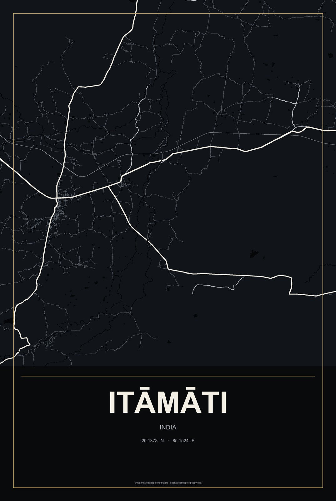 Itāmāti, India City Map Aluminum Sign in Metropolitan Noir style
