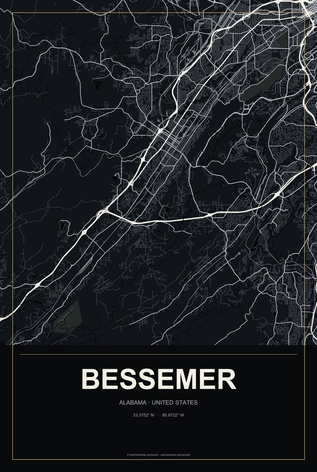Bessemer, Alabama City Map Aluminum Sign in Metropolitan Noir style