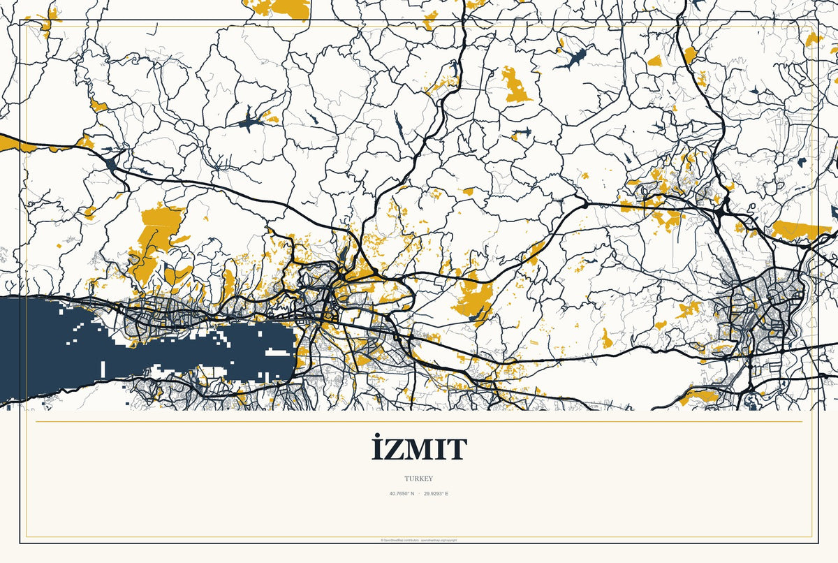 İzmit, Turkey City Map Aluminum Sign in Citrine Modern style