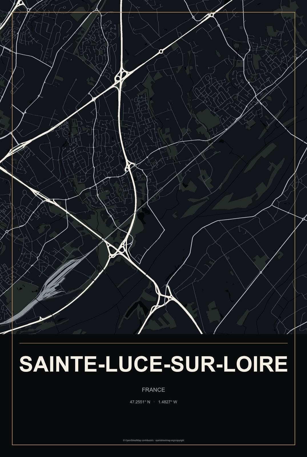 Sainte-Luce-sur-Loire, France City Map Aluminum Sign in Metropolitan Noir style