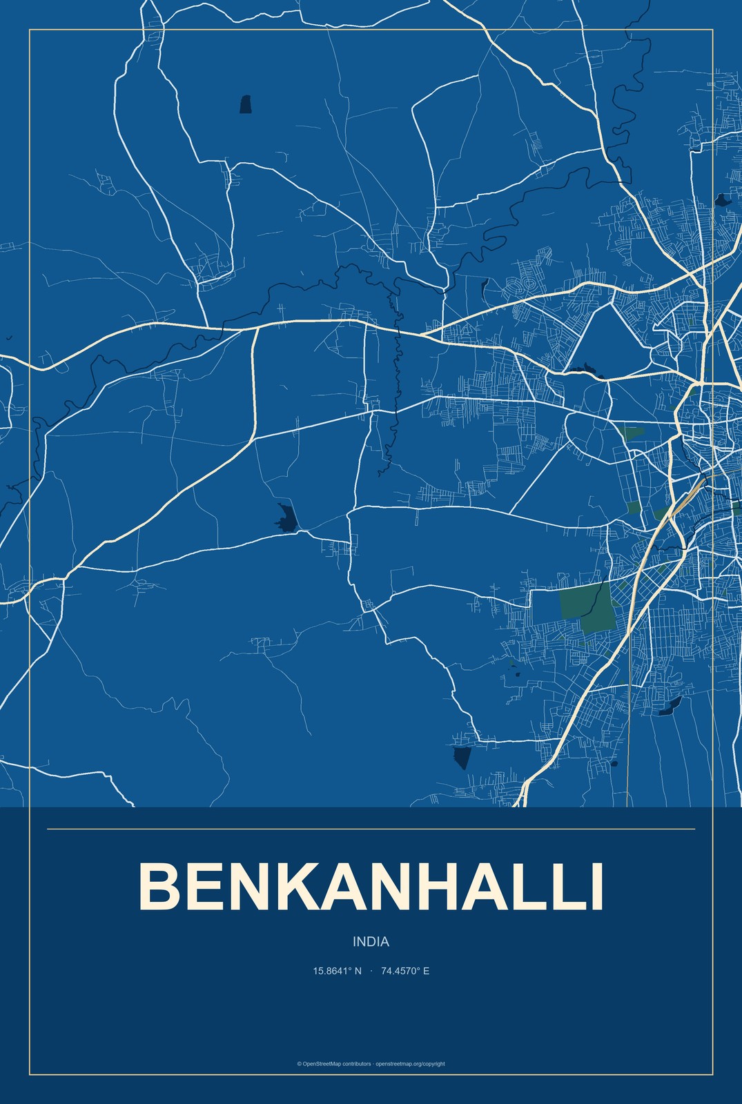 Benkanhalli, India City Map Aluminum Sign in Harbor Cobalt style