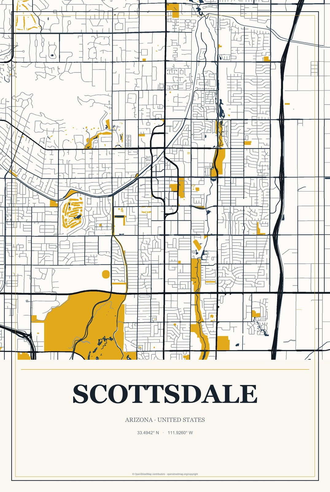 Scottsdale, Arizona City Map Aluminum Sign in Citrine Modern style