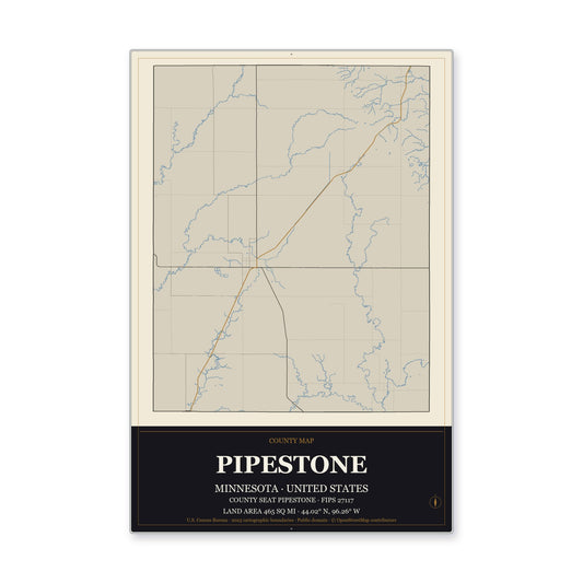 Pipestone County, Minnesota Map Aluminum Sign in Museum Plaque style