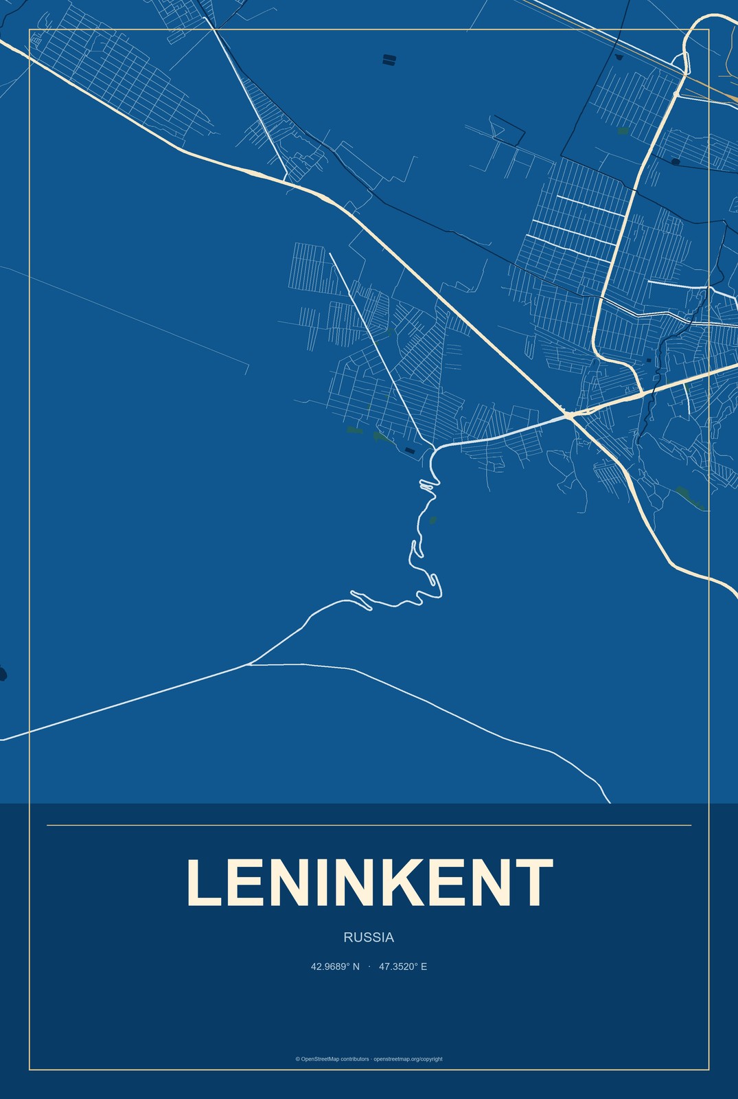 Leninkent, Russia City Map Aluminum Sign in Harbor Cobalt style