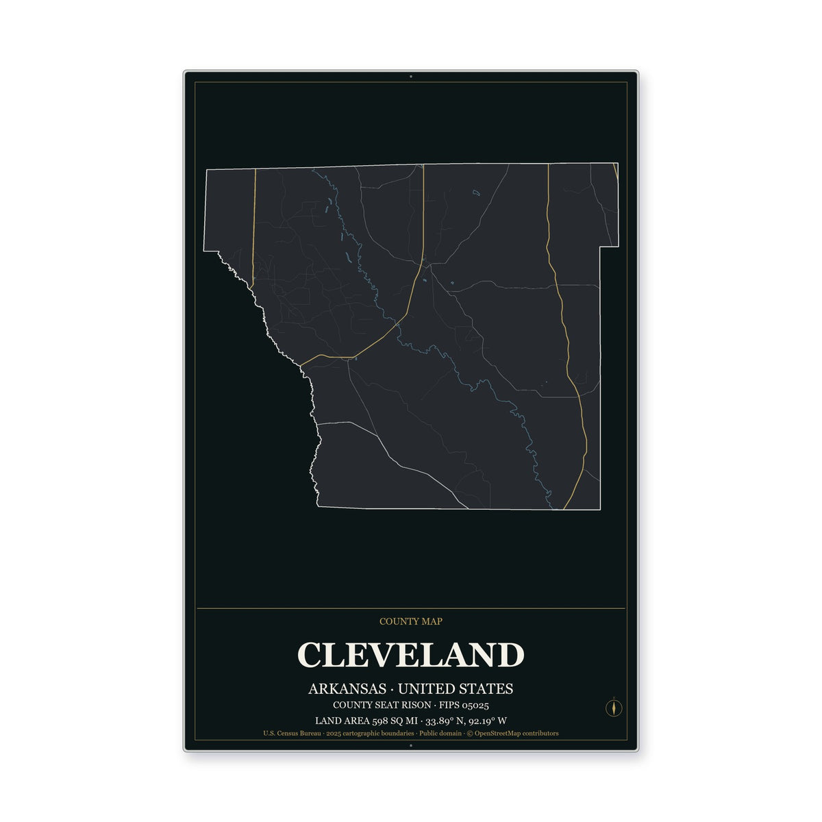 Cleveland County, Arkansas Map Aluminum Sign in Metropolitan Noir style