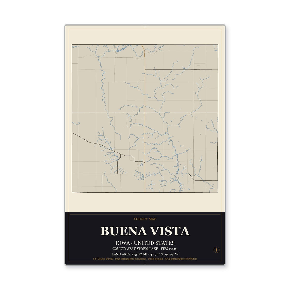 Buena Vista County, Iowa Map Aluminum Sign in Museum Plaque style