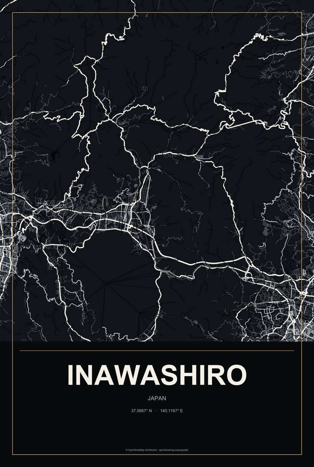 Inawashiro, Japan City Map Aluminum Sign in Metropolitan Noir style