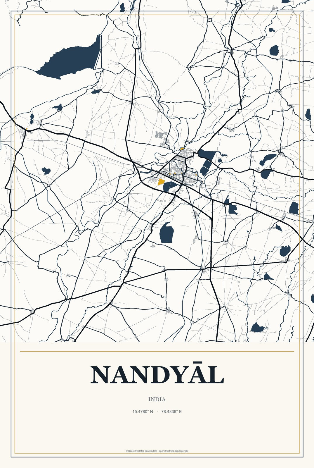Nandyāl, India City Map Aluminum Sign in Citrine Modern style