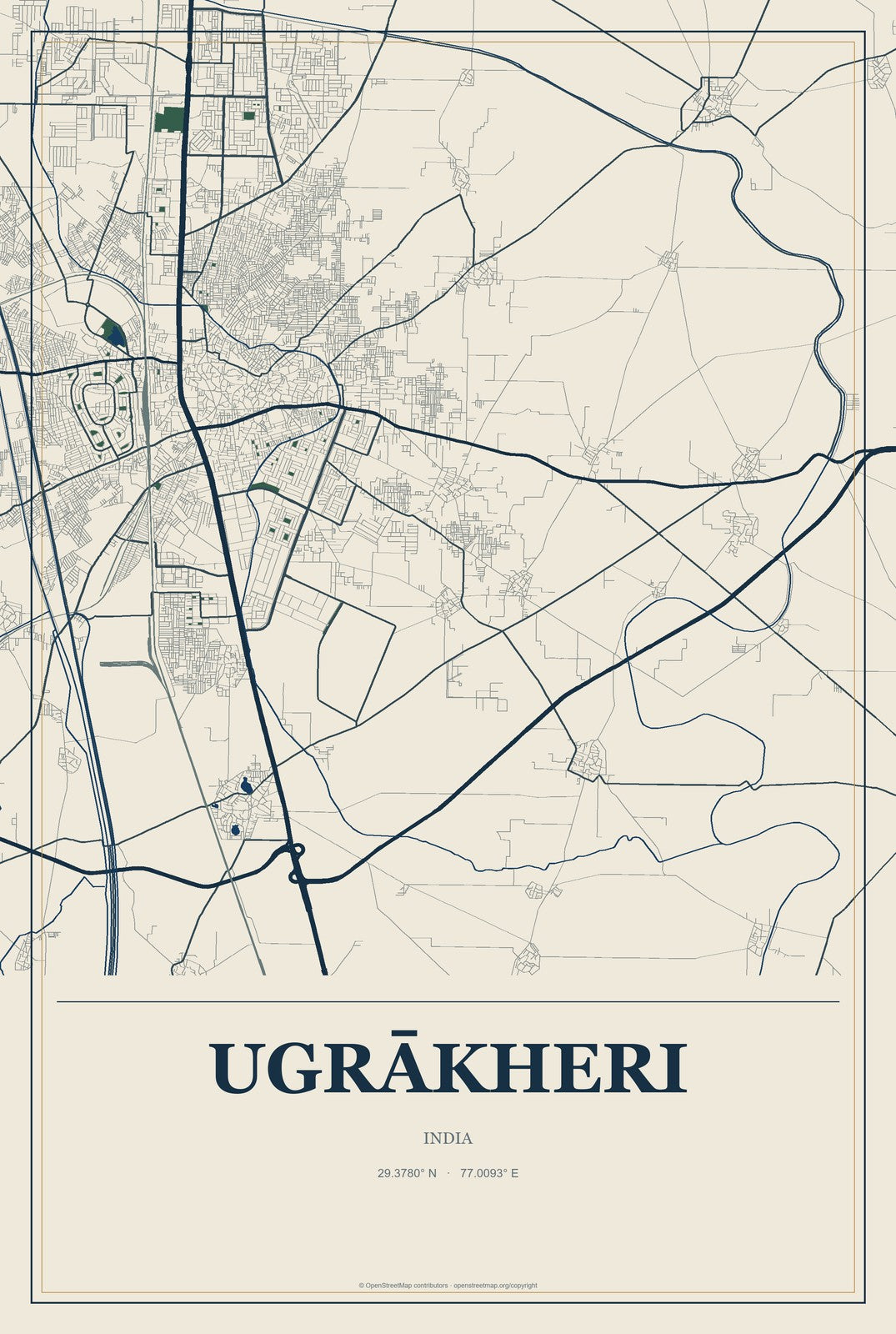 Ugrākheri, India City Map Aluminum Sign in Coastal Cutout style
