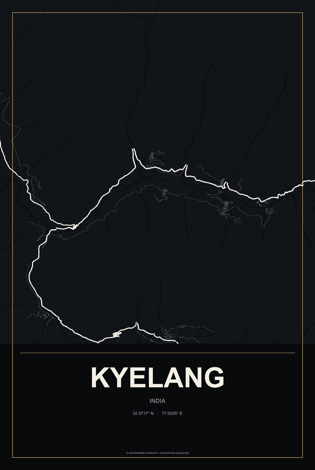 Kyelang, India City Map Aluminum Sign in Metropolitan Noir style