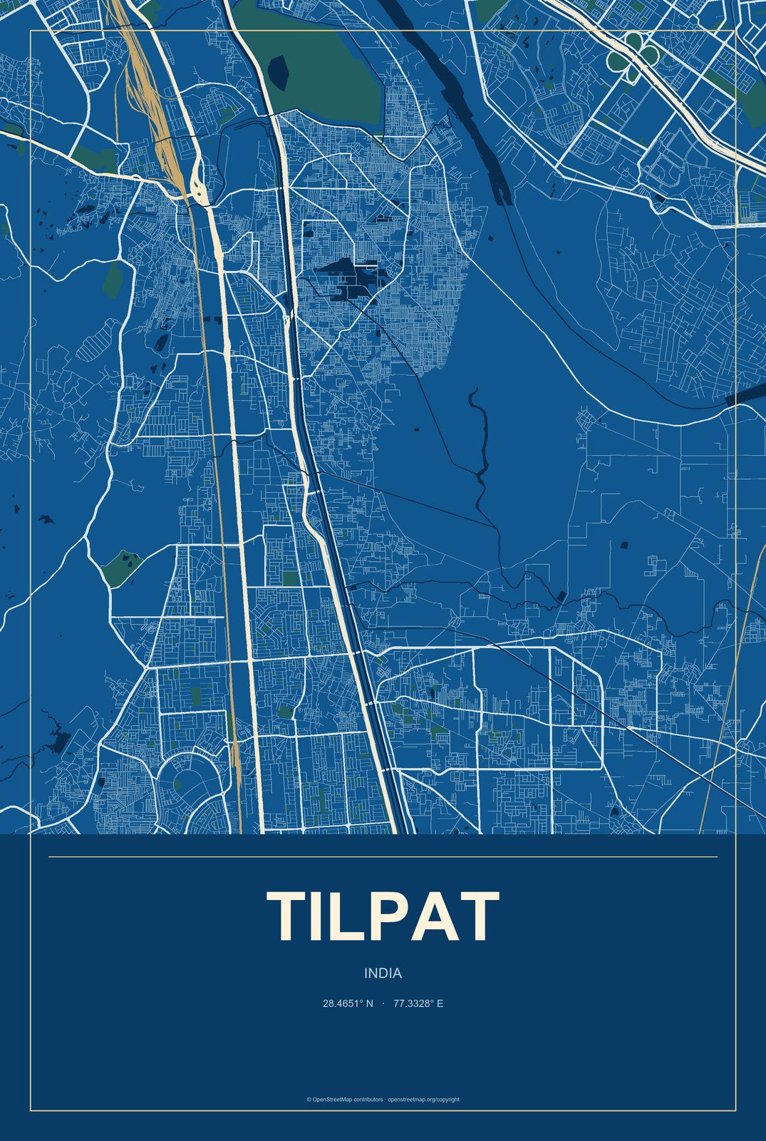 Tilpat, India City Map Aluminum Sign in Harbor Cobalt style