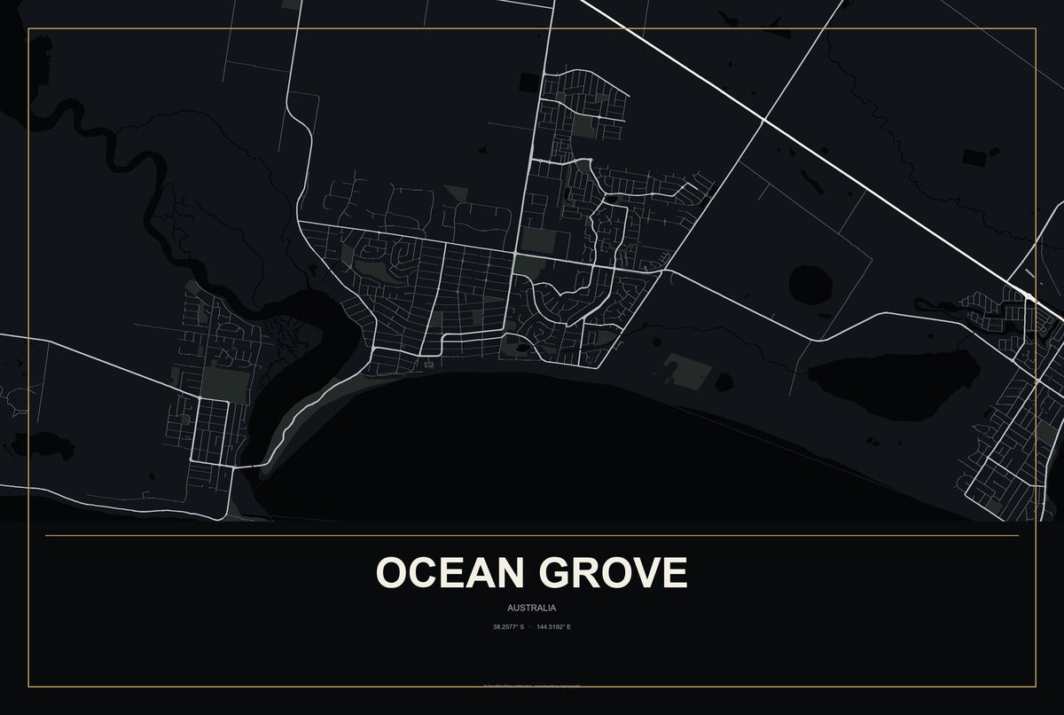 Ocean Grove, Australia City Map Aluminum Sign in Metropolitan Noir style