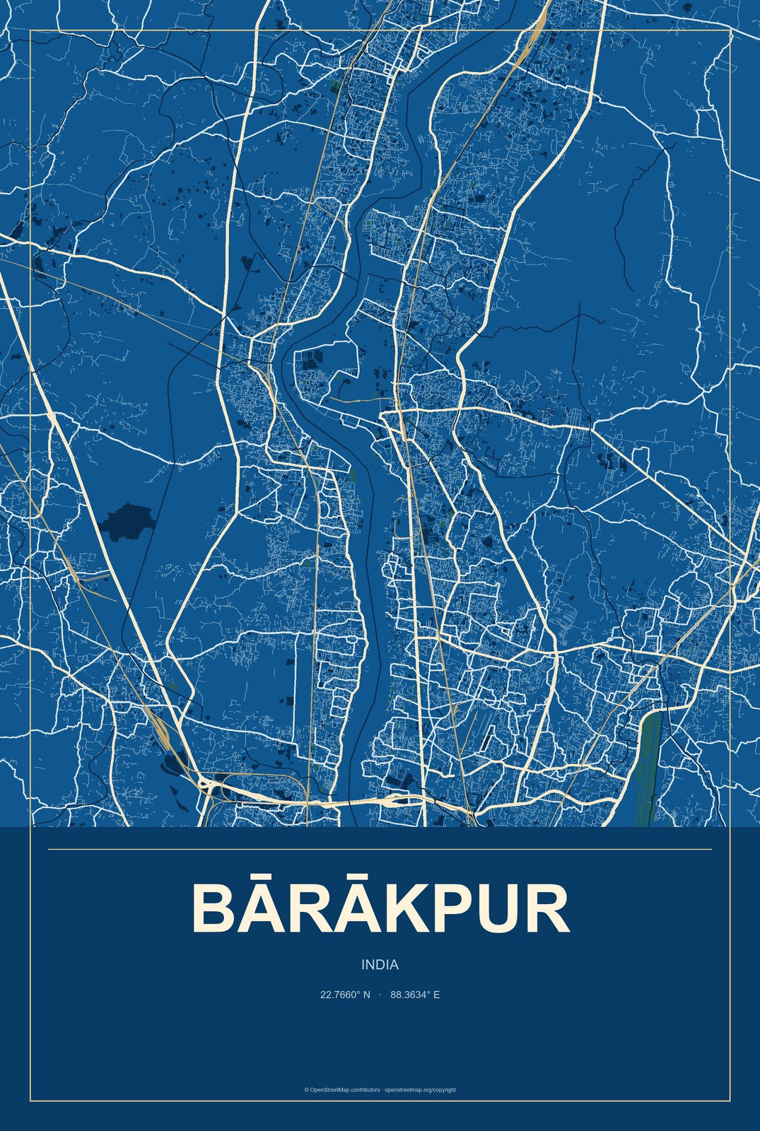 Bārākpur, India City Map Aluminum Sign in Harbor Cobalt style