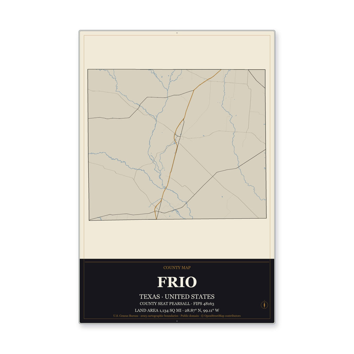 Frio County, Texas Map Aluminum Sign in Museum Plaque style