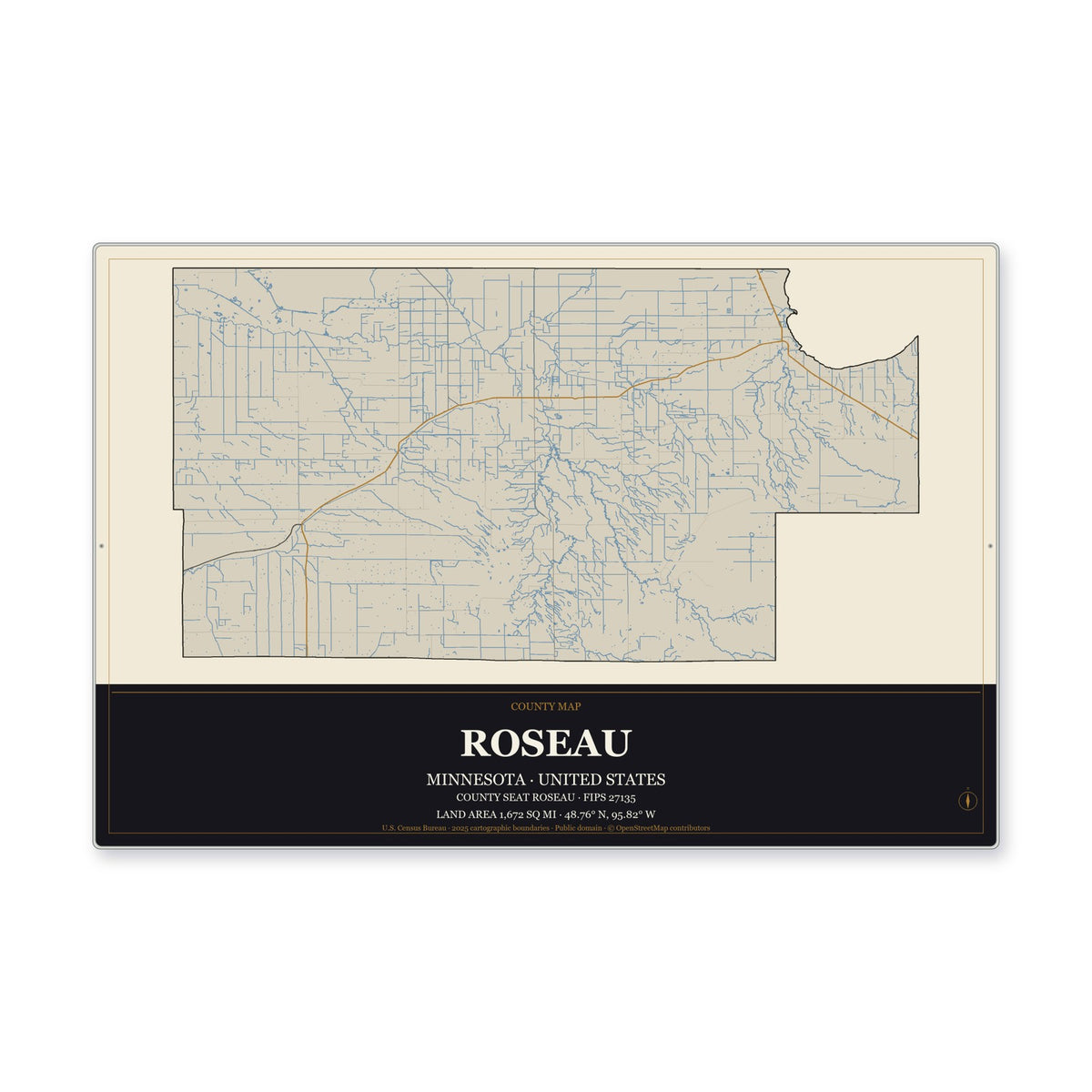 Roseau County, Minnesota Map Aluminum Sign in Museum Plaque style