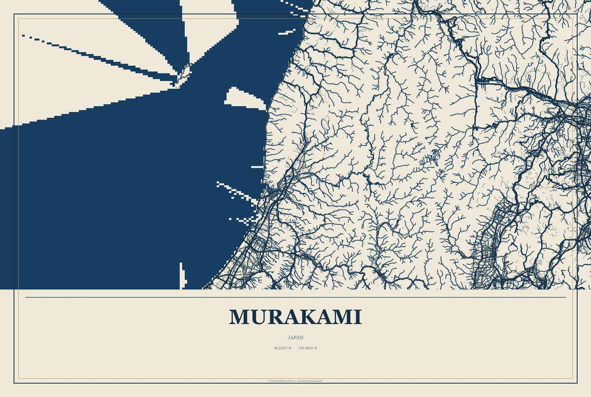 Murakami, Japan City Map Aluminum Sign in Coastal Cutout style