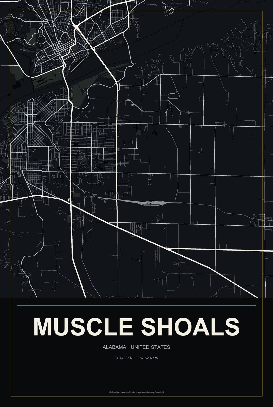 Muscle Shoals, Alabama City Map Aluminum Sign in Metropolitan Noir style