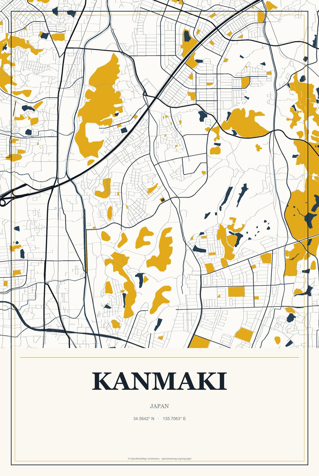 Kanmaki, Japan City Map Aluminum Sign in Citrine Modern style