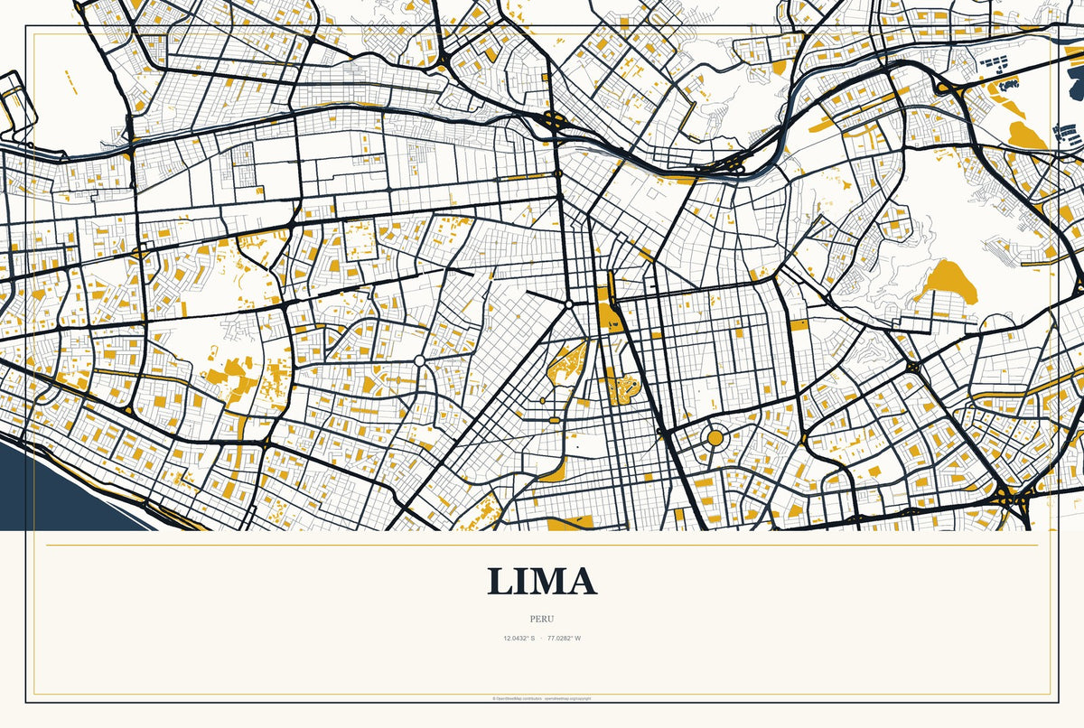 Lima, Peru City Map Aluminum Sign in Citrine Modern style