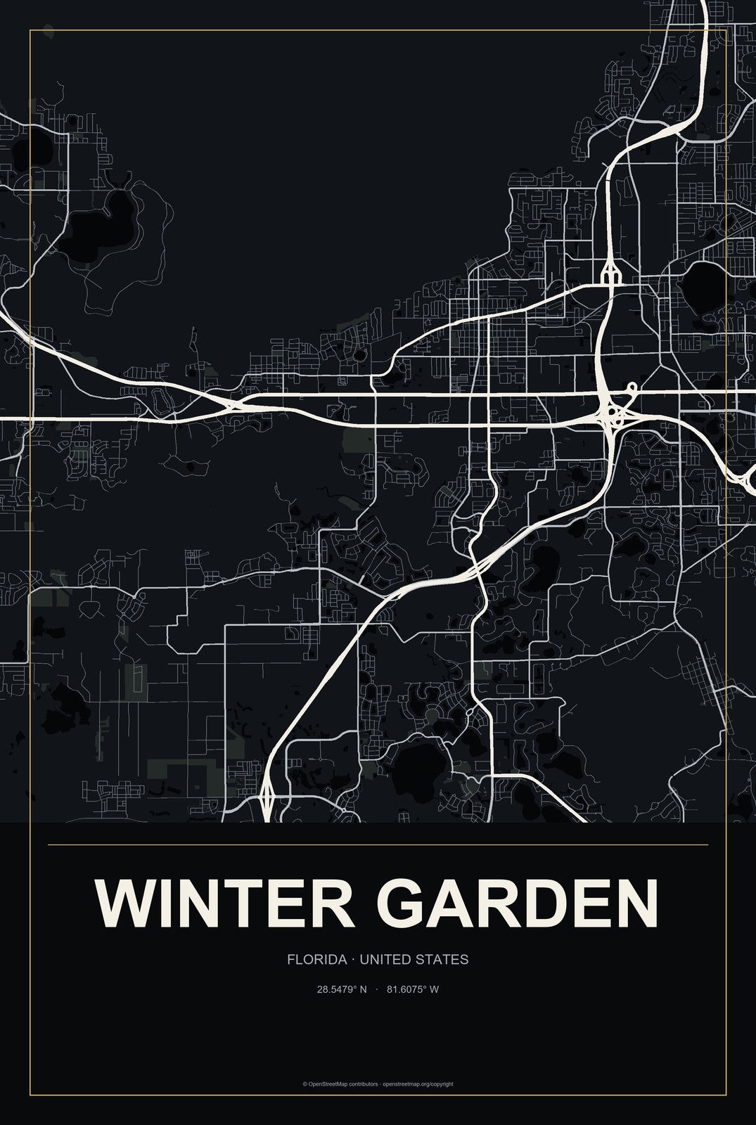 Winter Garden, Florida City Map Aluminum Sign in Metropolitan Noir style