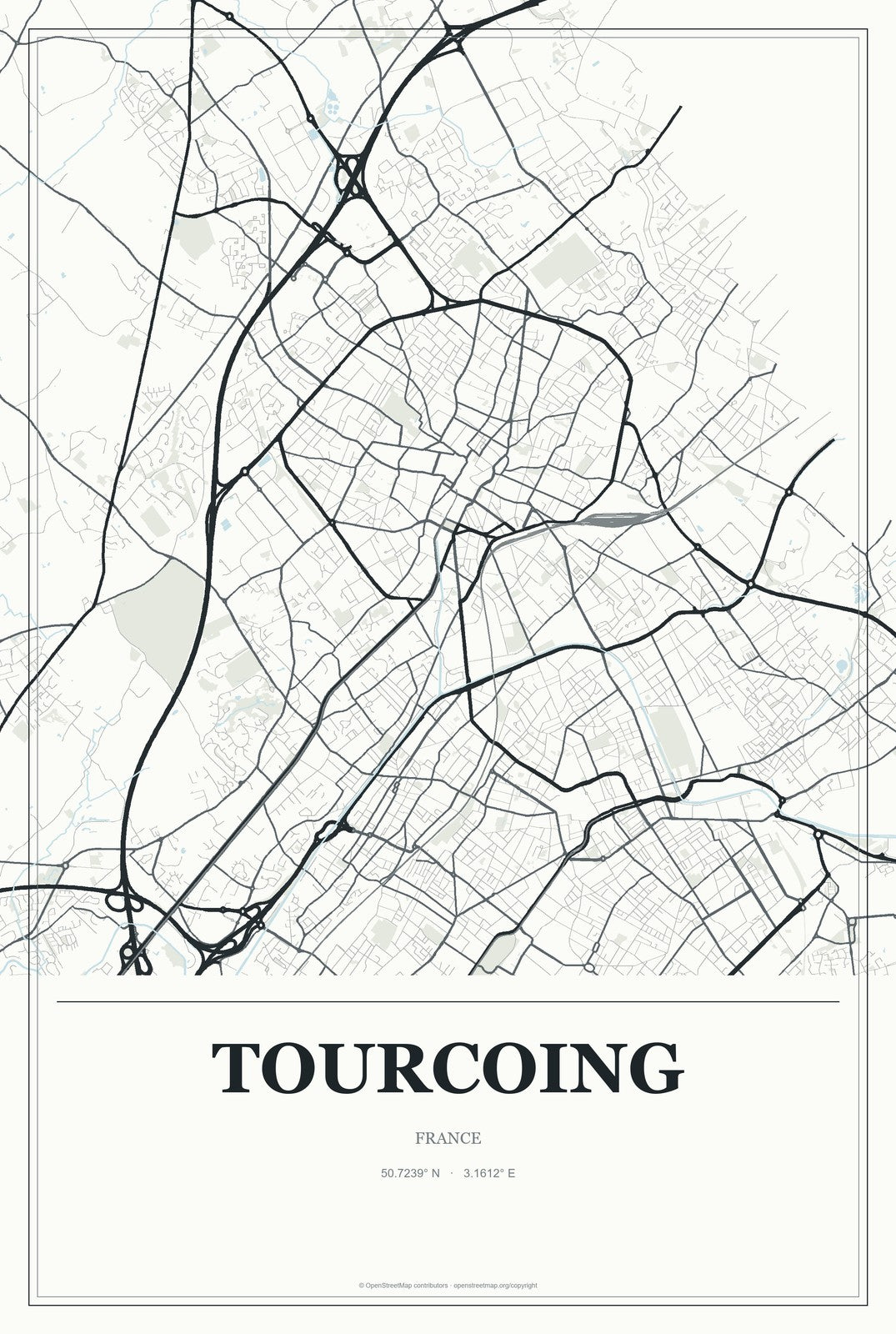 Tourcoing, France City Map Aluminum Sign in Gallery Air style