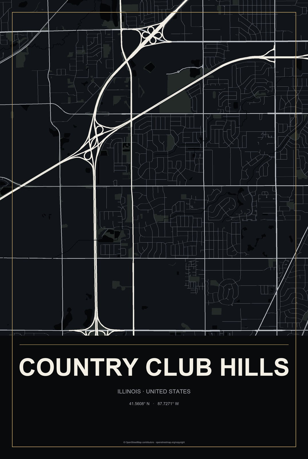 Country Club Hills, Illinois City Map Aluminum Sign in Metropolitan Noir style