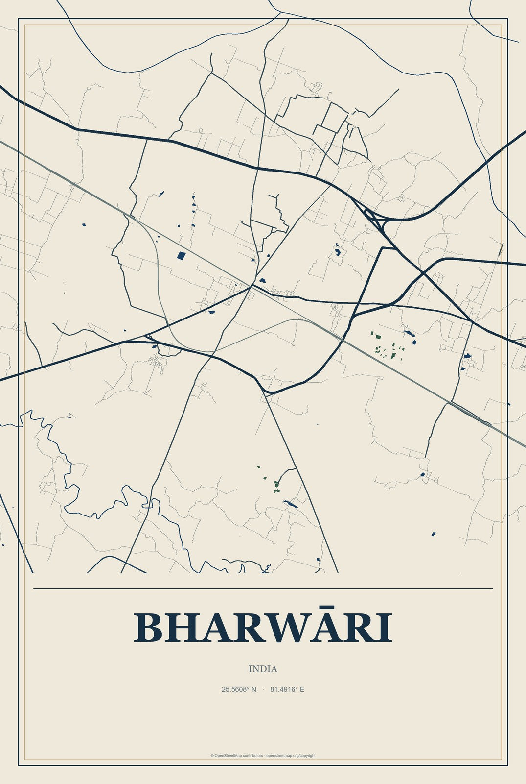 Bharwāri, India City Map Aluminum Sign in Coastal Cutout style