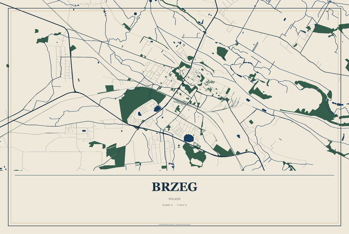 Brzeg, Poland City Map Aluminum Sign in Coastal Cutout style
