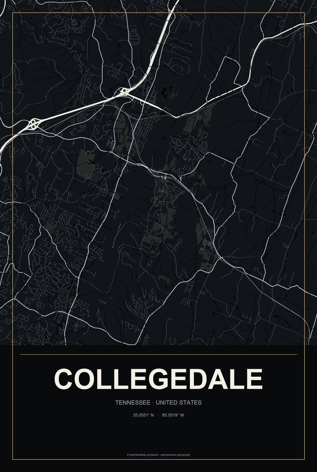 Collegedale, Tennessee City Map Aluminum Sign in Metropolitan Noir style