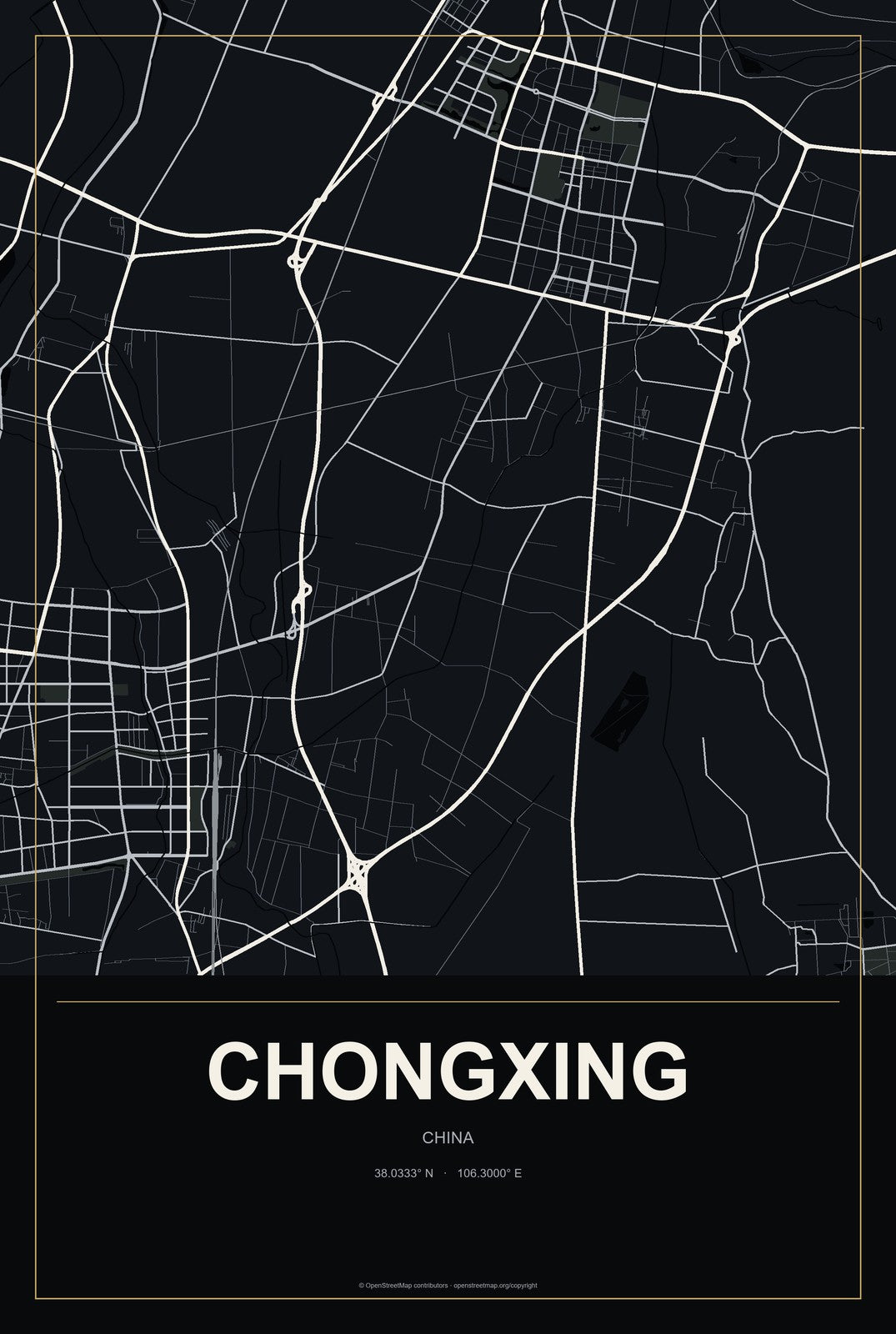 Chongxing, Ningxia, China City Map Aluminum Sign in Metropolitan Noir style