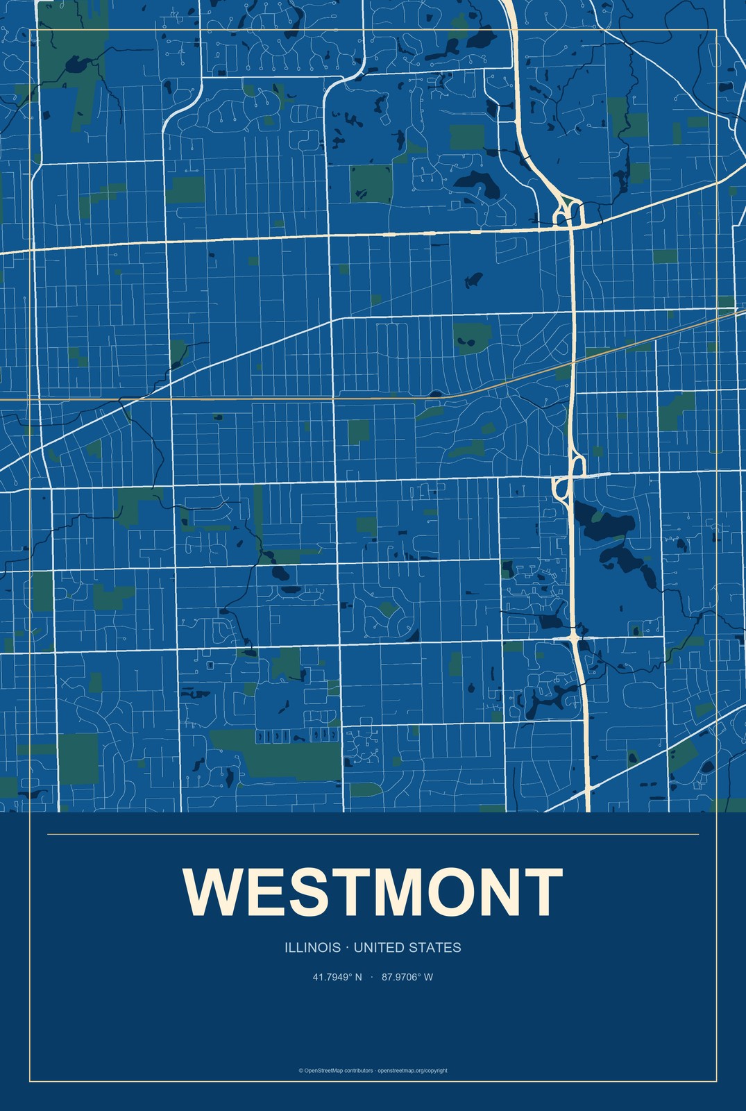 Westmont, Illinois City Map Aluminum Sign in Harbor Cobalt style