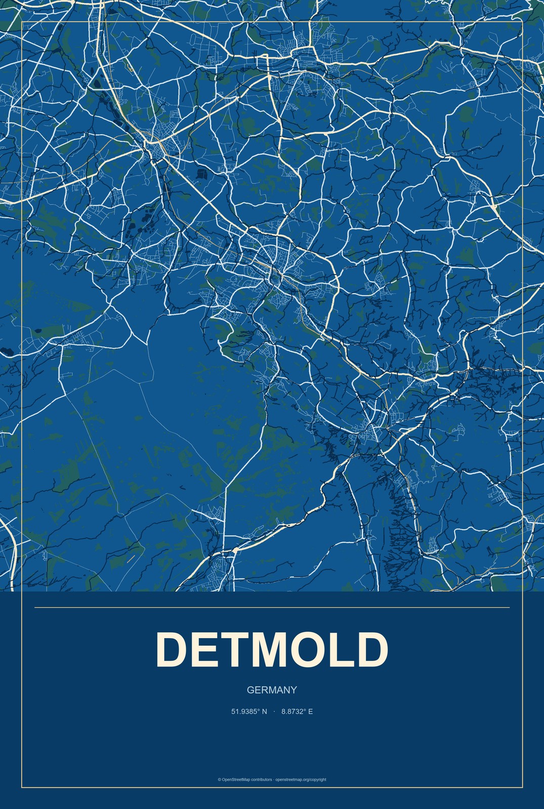 Detmold, Germany City Map Aluminum Sign in Harbor Cobalt style