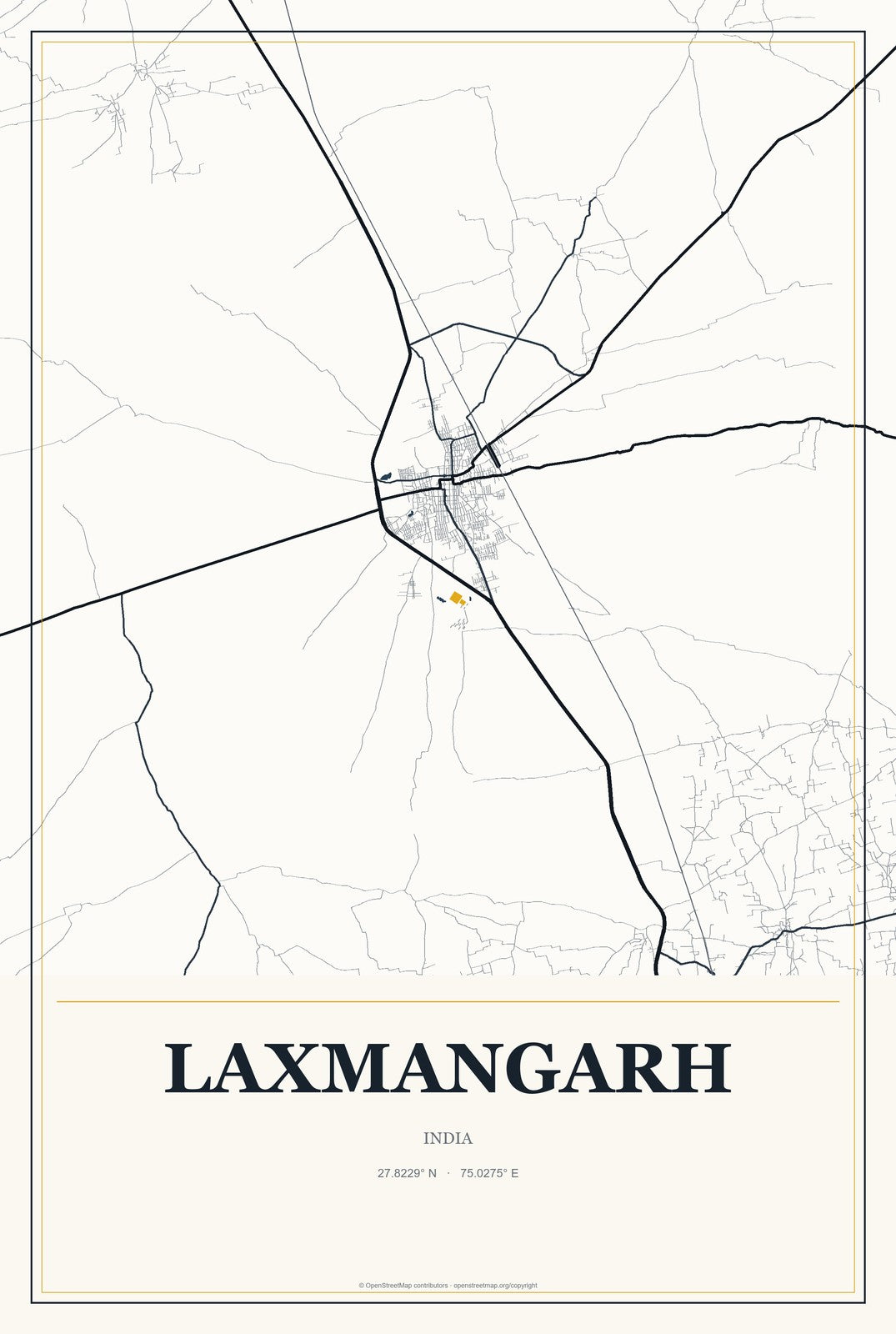 Laxmangarh, India City Map Aluminum Sign in Citrine Modern style